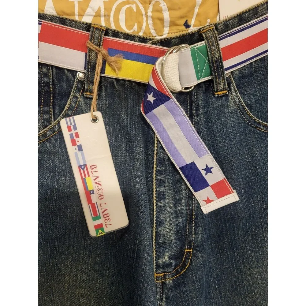 Blanco Label JEANS Blue Denim 34x34 Vintage Y2K‎ Baggy Flag Belt New NWT